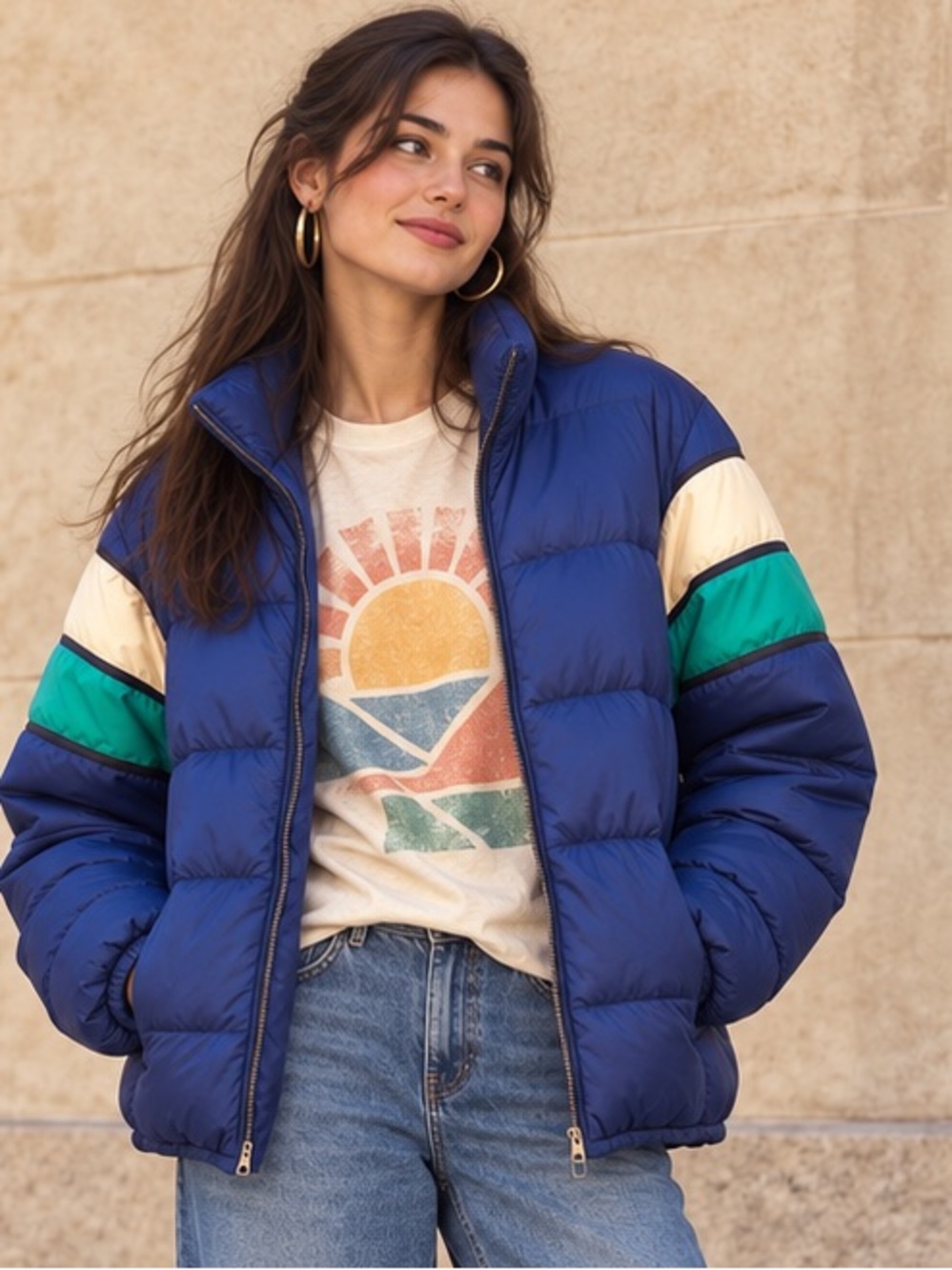 Topher Down Vintage Navy Puffer Jacket Colorblock Down 90s Winter L-XL